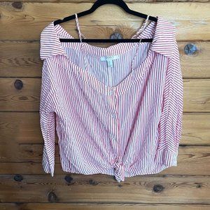Forever21 Red and white strip Sheer Button Down Long Sleeve